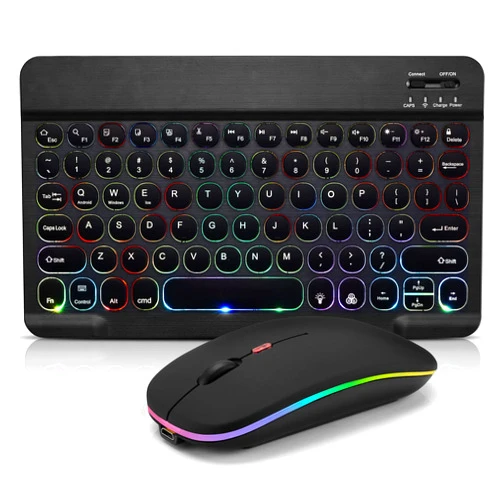 Guiheng Ultra-Slim Bluetooth Keyboard and Mouse Portable Mini Wireless Keyboard Rechargeable 7-Color Backlit for Apple iPad iPhone Samsung Tablet iPhone Smartphone iOS Android Windows, Round Keys Black