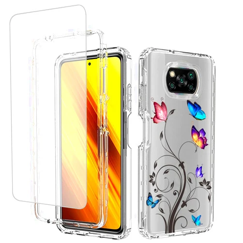 Ueokeird Case for Poco X3 NFC/Poco X3 Pro/Poco X3 Case with Tempered-Glass Screen Protector, Clear Butterfly Pattern Full Body Protective Phone Cover Cases for Xiaomi Poco X3 NFC (Butterfly Tree)