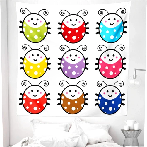Ambesonne Ladybugs Tapestry Queen Size, Number Smiling Ladybugs Illustration in Colorful Dot Design, Wall Hanging Bedspread Bed Cover Wall Decor, 88