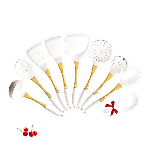 UMEONEVE White And Gold Silicone Cookware Set, 9-Piece, Universal Kitchen Utensils,gold with white kitchen utensils，Silicone Spatula Cooking Spoons for Nonstick Cookware Golden Stainless steel Handle