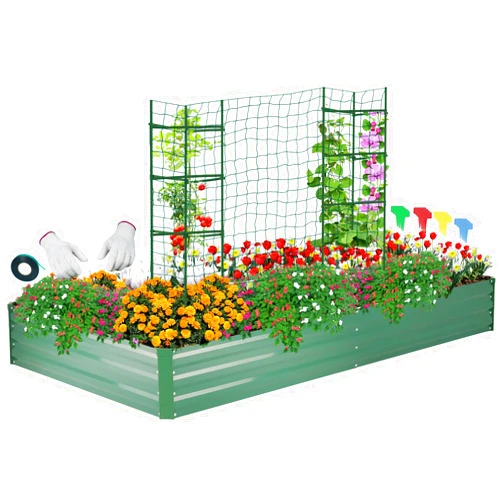ONCEMORE Galvanized Raised Garden Bed for Vegetables Flowers Herbs, Metal Raised Garden Bed Kit with 2 PCS Tomato Cage, Gloves, Trellis Netting, Plant Labels, Plant Ties, Green 6×3×1FT