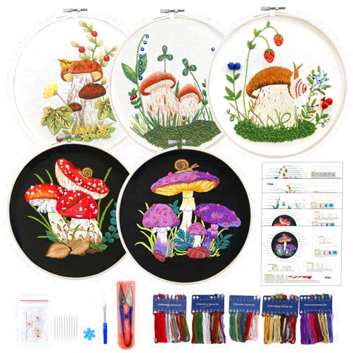 BERYA 5 Set Embroidery Kit for Adult Beginners, Stamped Cross Stitch Kit with Mushroom Pattern, Hoops, Color Threads, Tools and Easy to Follow Instructions, DIY Needlepoint Kit, Handmade Gifts