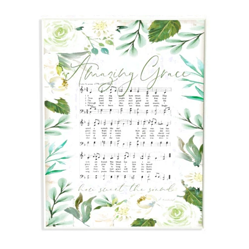 Stupell Industries Amazing Grace Sheet Music Green Floral Border Wood Art by Jennifer Pugh Wall Plaque, 13 x 19