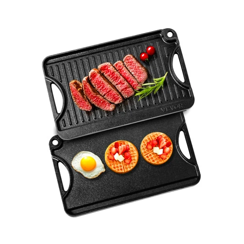 VEVOR Reversible Grill/Griddle, 14x8.5 inch Pre-Seasoned Cast Iron Griddle, Portable Rectangular Pan with Handle, Family Cookware for Indoor/Outdoor Stove Top Burner, Gas, Camping BBQ, Black