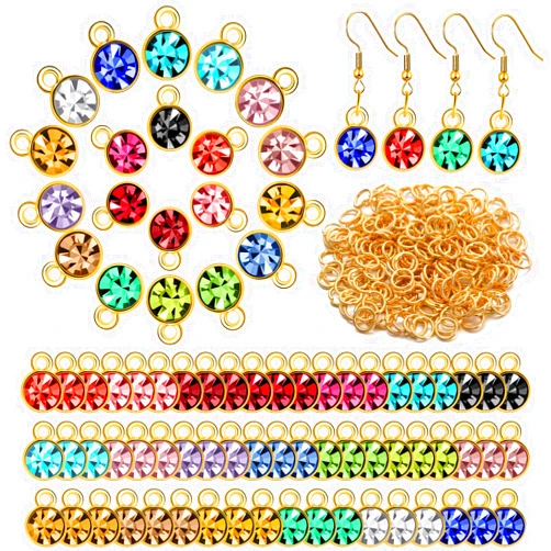 Sureio 80 Pieces Crystal Birthstone Charms with 200 Jump Ring Handmade DIY Beads Pendant Mixed Color Birthstones for Jewelry Making Round Charms for Bracelets Necklaces Jewelry Findings (Bright Color)