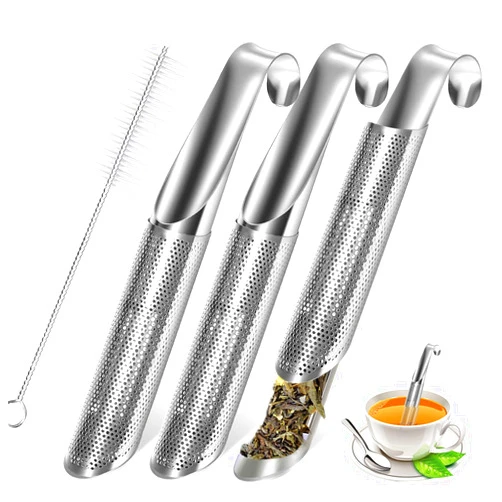 Serrenf 3 Pcs Tea Infuser and 1 Brush, Stainless Steel Tea Infuser Stick Pipe Tea Infuser for Loose Tea Leaf, Tea Infusers Pen with Hook