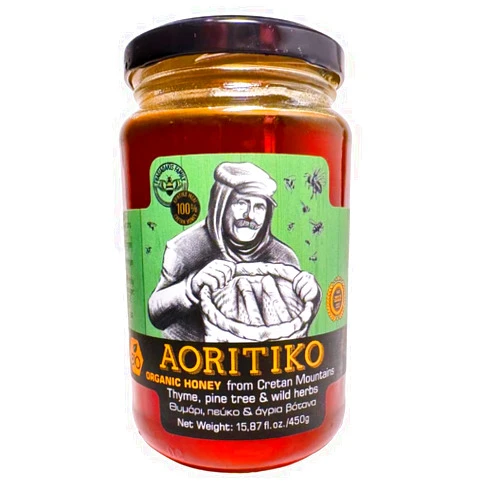 Fragiadakis Konstanas & Co G. P. Aoritiko Organic Pure Cretan Mountain Honey | Organic Greek Honey | 100% Natural, Wildflower & Herb-Infused, Rich Aromatic Flavor, Harvested from Pristine Greek Flora | 450 gram glass jar
