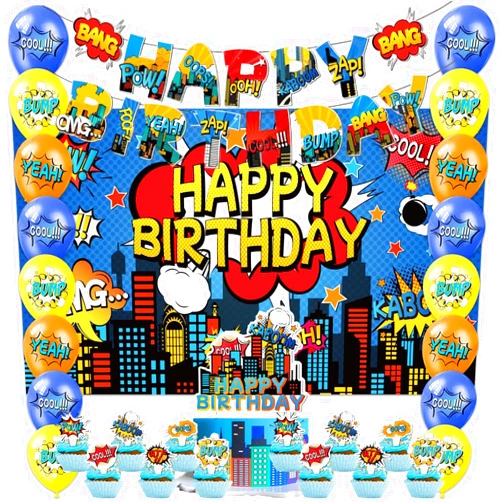 AILIMY 42pcs Superhero Birthday Party Decoration Disposable Banner，Cake Topper，Blackdrop,Balloons for Baby Shower Supplies Hero Party Decoration