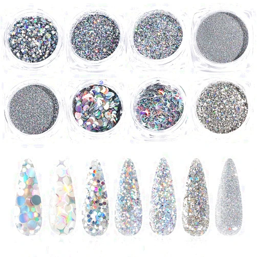 KISSBUTY Holographic Nail Art Sequins Glitter Kits, KISSBUTY 8 Boxes Holographic Nails Powder Nail Art Sequins Metallic Shining Flakes Silver Nail Glitter Set for Nails Art Decoration Holographic Manicure