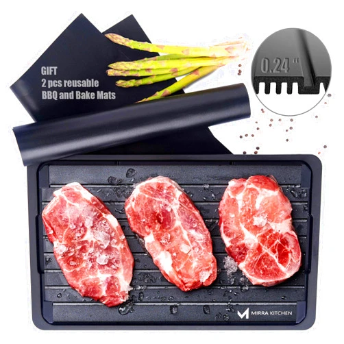 Mirra Kitchen Extra Thick Fast Defrosting Tray - Dishwasher Safe Large Thawing Plate with Drip Tray Set - Non-Stick Coated Thawing Board for Frozen Meat and Food - No Plug Natural Defrost Miracle Thaw Master Mat