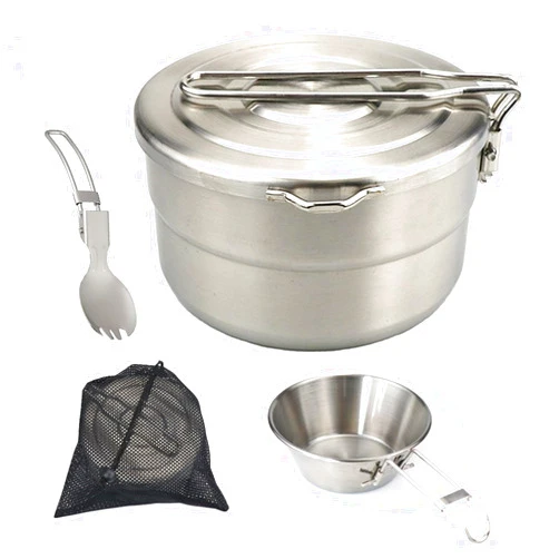 KOKKOYA Camping Cooking Set 3Pcs Cookware Mess Kit Camping Cookware Set Stainless Steel Camping Pot military mess kit with Foldable Bowls and Fork Spoon