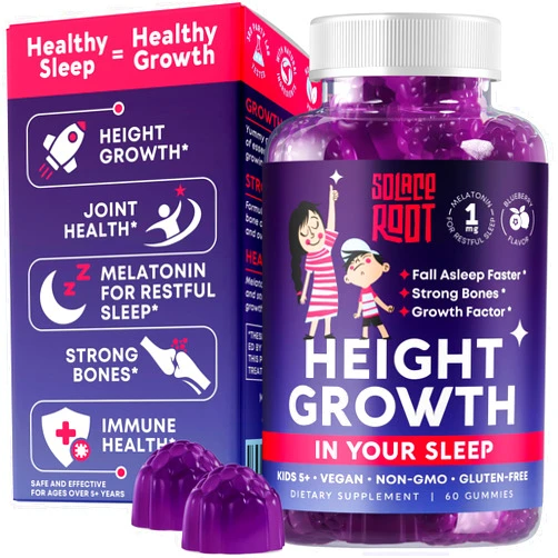 SOLACEROOT Height Growth Gummies with Melatonin for Kids & Teens - Ashwagandha, Lemon Balm & Vitamins B - Sleep & Height Booster Multivitamin for Teen Boys & Girls - Grow Taller Supplement - 60 Gummies