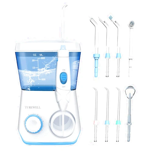 TUREWELL Water Flossing Oral Irrigator, 600ML Dental Cleaner 10 Adjustable Pressure, Electric Oral Flosser for Teeth/Braces, 8 Replacement Jet Tips for Family (White)