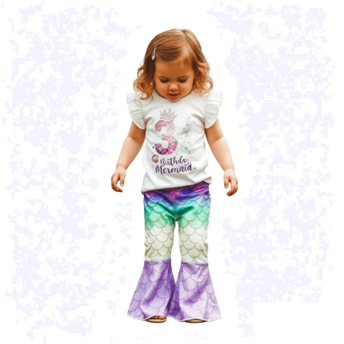 Honganda Toddler Baby Girl Birthday Mermaid Outfit 2nd 3rd 4th T-shirt Top with Mermaid Pants Summer Cake Smash Clothes Set