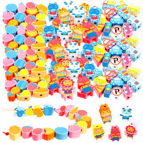 Shappy 50 Pcs Wooden Lacing Toys Beads Toddlers Stringing Beads Lacing Toys for Toddlers Animals Fruit Car Threading Toys Fine Motor Skills Montessori Toy for Kids Ages 3 4 5 6 Boys Girls