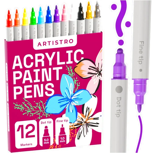ARTISTRO Acrylic Paint Pens, Acrylic Paint Markers, Fabric Markers for Textile, Canvas, Rock, Glass, Wood, Paper, DIY, Paint Markers for Kids and Adults (Dual Tip Dot + Fine, 12)