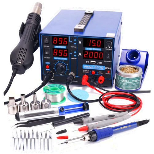 YIHUA 853D 2A USB SMD Hot Air Rework Soldering Iron Station, DC Power Supply 0-15V 0-2A with 5V USB Charging Port and 35 Volt DC Voltage Test Meter