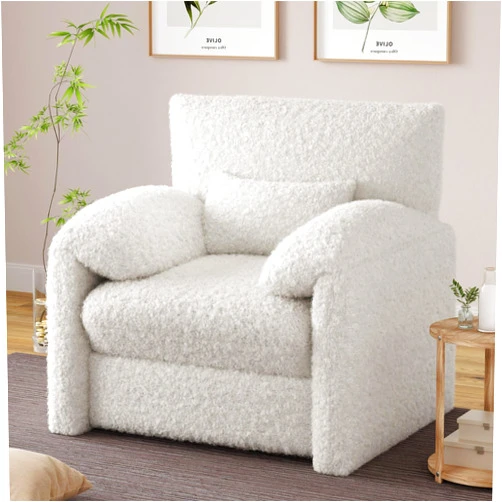 Esright Oversized Armchair, Mid Century Accent Chair, Comfy Upholstered Single Sofa, Extra Wide Reading Chairs for Living Room, Bedroom, Office, Waiting Room (White)