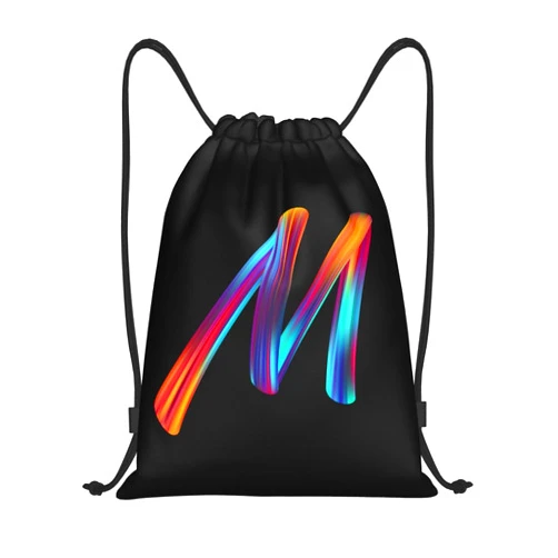 Pazacon Drawstring Bags Initial Drawstring Backpack Sackpack Black Draw String Cinch Bags for Sports, Gym, Travel, Swimming, Beach, Camping, Rainbow Letter M