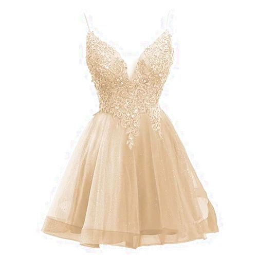 Aibilye Homecoming Dresses Lace Prom Dress Tulle Cocktail Party Dresses Short Homecoming Dresses for Junior Tulle Champagne 28W