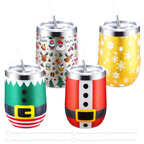Sliner 4 Pcs Christmas Glitter Wine Tumbler 12 oz Stainless Steel Glitter Cup with Lid Straw and Brush Insulated Double Wall for Christmas Gift Friends Family