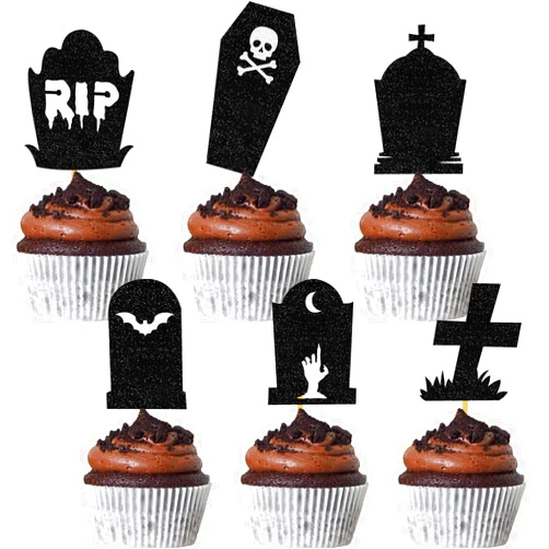 DOMOO OF DREAMS Halloween Tombstone Cupcake Toppers Glitter RIP Spooky Skull Food Picks Cemetery Graves Zombie Birthday Party Decoration 24PCS
