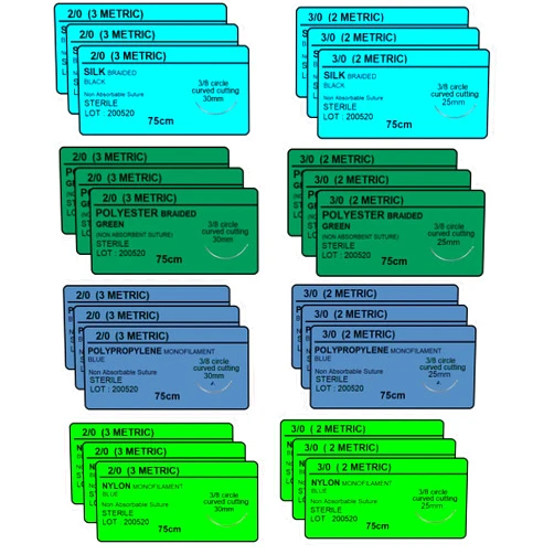 A2Z SCILAB 24 PK Mixed Training Sutures Thread with Needle Non-Absorbable: Nylon, Silk, Polyester, Polypropylene) - Wound Student Training Kit, Emergency First Aid Demo (2-0, 3-0,)