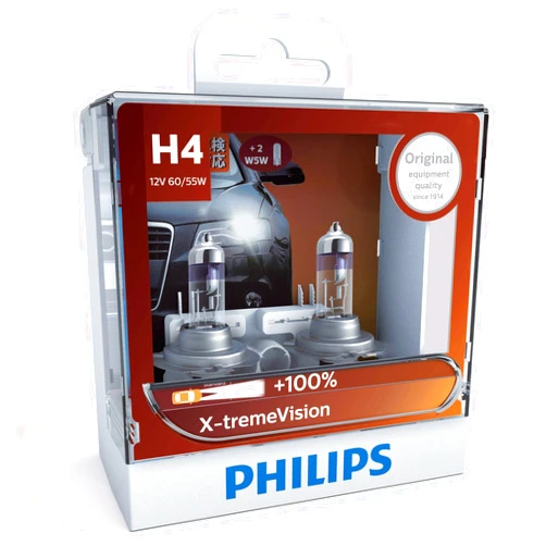 Philips H4 X-treme Vision Car Headlight Bulbs. 12v 55w.