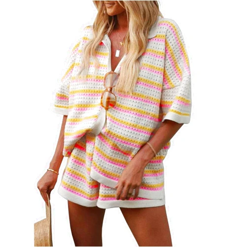 Tankaneo Womens Short Sleeve Striped Pajama Sets Color Block Crochet Knit Button Top and Shorts 2 Piece Lounge Sets