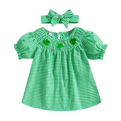 FIOMVA St Patricks Day Baby Girl Outfit Infant Shamrock Smocked Dress Spring Summer Princess Dresses Cute Toddler Clothes