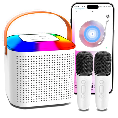 Pawfan Portable Bluetooth Karaoke Machine with 2 Wireless handheled Microphones for All Smartphones,Music Party Karaoke Speaker for Home Outdoor Party, Birthday Gifts for Girls Boys Kids Adults （White）