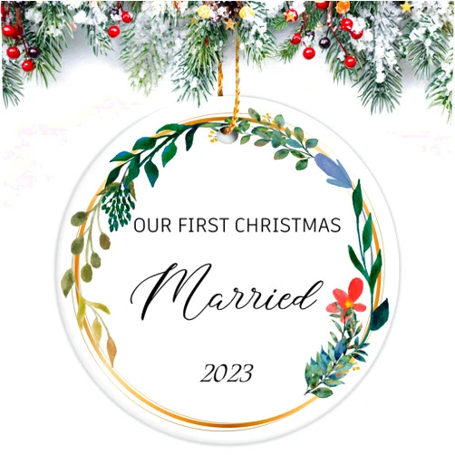 XIAYUEHUA First Christmas Married Ornament 2023 Just Married Bridal Shower Gift Wedding Gifts for Couple Double-Sided Christmas Ornament Tree Decoration Newlywed Keepsake (Married)