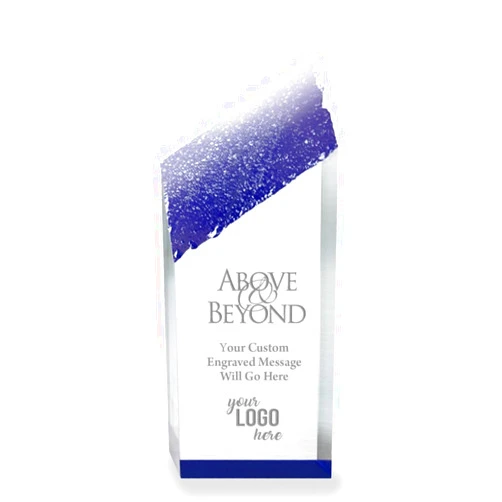 Baudville Custom Engraved Trophy - Acrylic - Glacier Shaped- Royal Blue Accents - Award for Employees