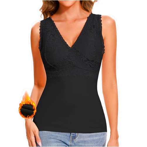 Miguofan Thermal Tank Top Women Fleece Lined Undershirt V Neck Lace Camisole Tops Warm Base Layer Underwear Cami Vest