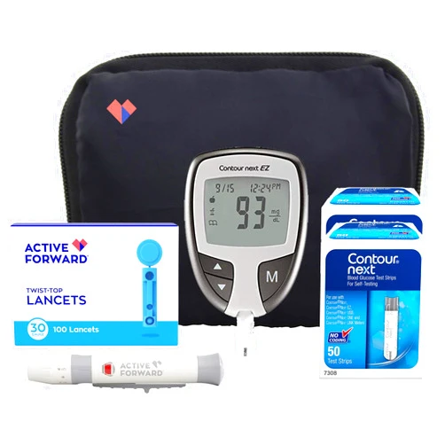Active Forward Contour Next EZ Diabetes Testing Kit, Contour Next EZ Blood Glucose Meter, 100 Contour Next Blood Glucose Test Strips, 100 Lancets, Lancing Device, Log Book and Carry Case