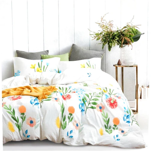 Wake In Cloud - Floral Comforter Set, 100% Cotton Fabric, Colorful Watercolor Cute Flower and Leaves Shabby Chic Cottagecore, 3 Pieces Bedding Set, White Colorful, Twin/Twin XL Size