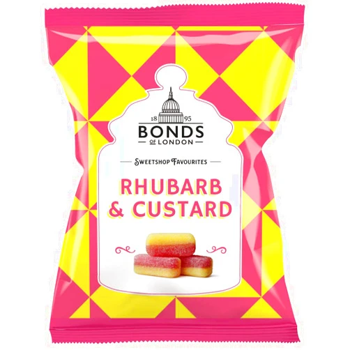 Bonds of London Original Bonds London Rhubarb & Custard Bag Sugar Coated Rhubarb & Vanilla Flavored Boiled Sweets Imported From The UK The Best Of British Candy