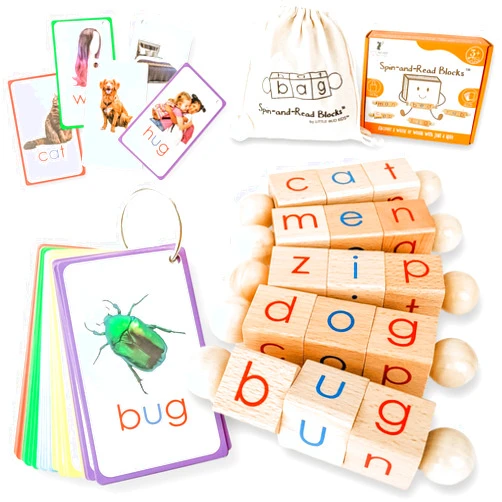 LITTLE BUD KIDS Spin-and-Read Montessori Phonetic Reading Blocks with CVC Phonics Flashcards for Beginner Readers, Montessori Reading Wooden Toys for 3 Years +