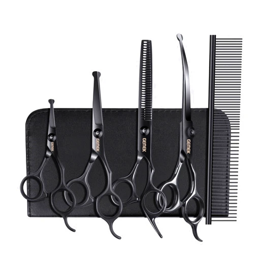 GEMEK Dog Grooming Scissors Kit with Safety Round Tips, GEMEK Professional 6 in 1 Grooming Scissors for Dogs, Heavy Duty Titanium Coated Pet Grooming Scissor for Dogs, Cats and Other Animals (Black)