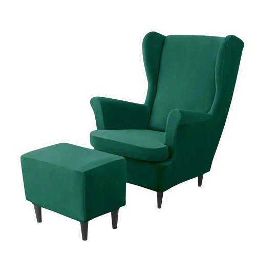 JHLD Stretch Wing Chair Cover Set, Velvet Wingback Chair Cover and Ottoman Cover 2 Piece Wing Chair Slipcover 1 Piece Ottoman Slipcover for Living Room-Dark Green-3 Piece