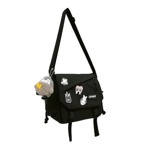 Inshere Aesthetic Crossbody Bag with Cute Pins and Ornament, Nylon Shoulder Messenger Bag Japanese Kawaii Bag for Women Men