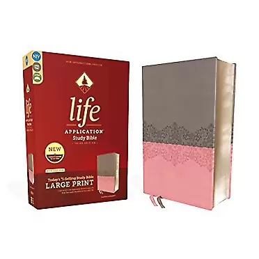 Zondervan NIV, Life Application Study Bible, Third Edition, Large Print, Leathersoft, Gray/Pink, Red Letter