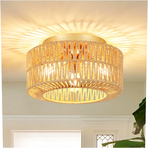 PAUFUL Boho Light Fixtures, 3-Light Farmhouse Rattan Ceiling Light, Flush Mount with Hand-Woven Shade, Modern Chandelier for Living, Bedroom, Entryway, Kitchen, Nursery