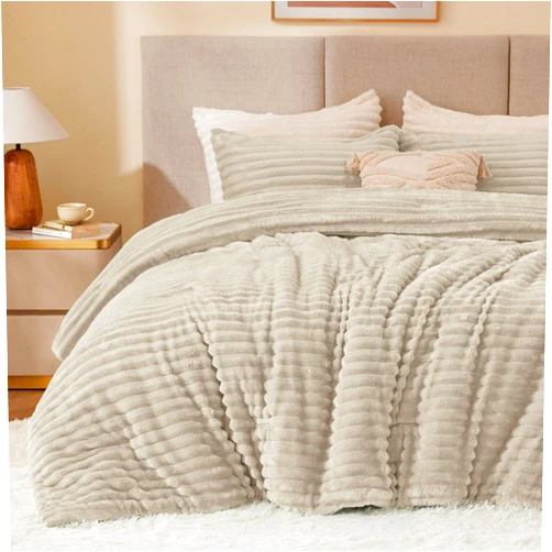 BEDELITE Fleece Queen Comforter Set -Super Soft & Warm Fluffy Linen Bedding, Luxury Fuzzy Heavy Bed Set for Winter with 2 Pillow Cases