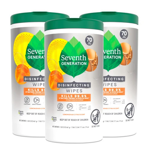 Seventh Generation Disinfecting Multi-Surface Wipes, Lemongrass Citrus, 70 Count, Pack of 3 (Packaging May Vary)