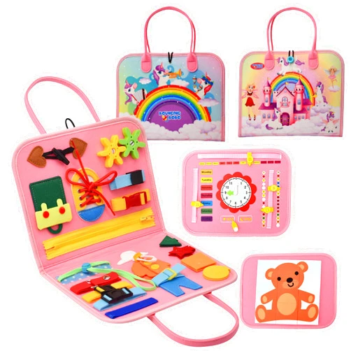 Bouncing Bobo Montessori Busy Board for Toddlers- Busy Board for 1 Year Old, Activity Busy Board for Toddlers 2-4 - Toddler Activity Board- Baby Activity Board, Learning Board for Toddlers 2-4 Years Pink