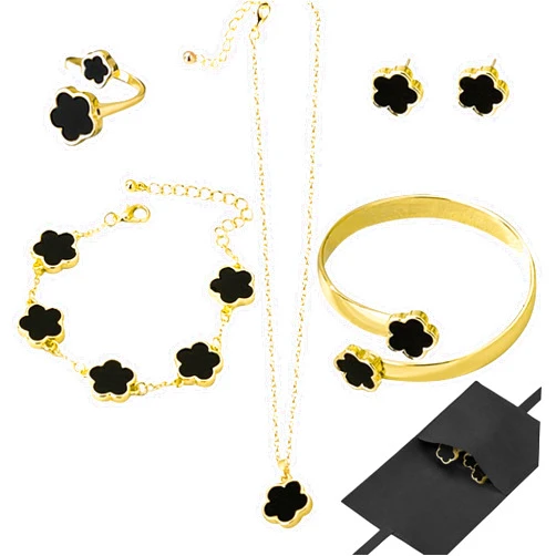 GyovinnJuwanua Lucky Flower Alloy Jewelry, Lucky Flower Design Necklace Earrings Bracelet Bangle Ring Jewelry Set, Clover Gold Plated Chain Wrap Ornament & Plush Pouch for Women