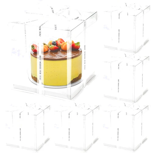 Cididu 6 Pcs Clear Cake Box with Ribbon, 2-Layer Tall Cake Packaging Boxes 8x8x9 Inch, PET Cake Carrier Transport Container for Tiered Cake, Transparent Gift Display Boxes with Lid for Birthday Party