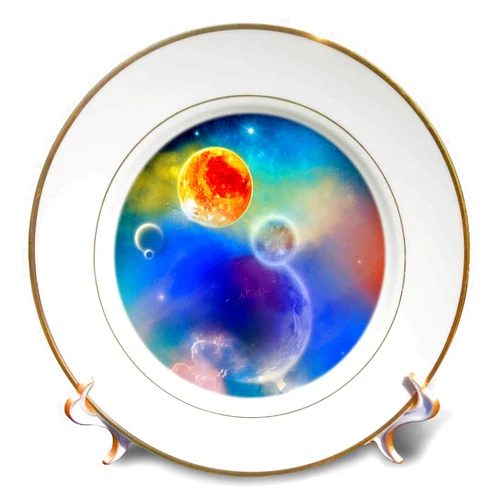 3dRose 8 inch Porcelain Plate - A Space scenario with Stars, sun and planets - new solar system Simone Gatterwe Desings Science Fiction Space