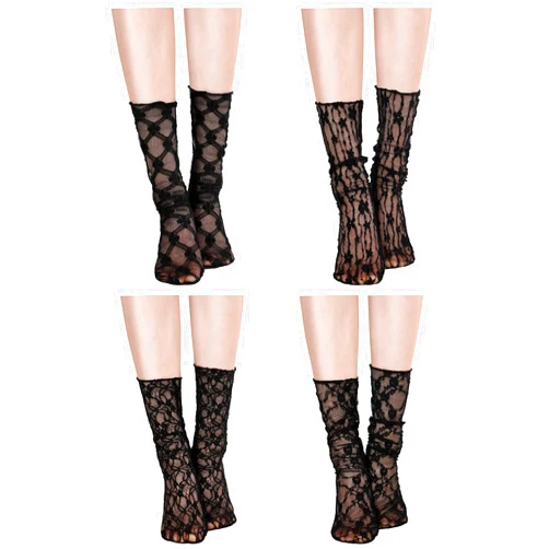 Geyoga 4 Pairs Women's Lace Socks Mesh Lace Loose Socks Decorated Ankle High Sheer Socks Sheer Mesh Slouch Socks for Women (Black)